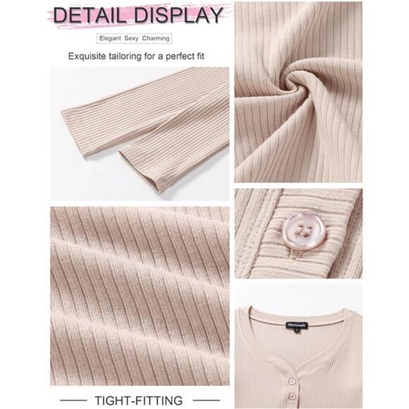 Long Sleeve V-Neck  Shirt - Slim Fit Ribbed Knit Button Top - Picture 6 of 7